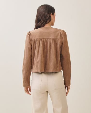 Shirred vegan suede zip-up jacket