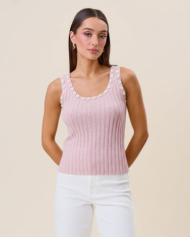 Shell embellished sleeveless knit top