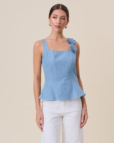 3d floral applique denim flare top