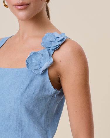 3d floral applique denim flare top