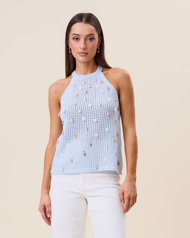 Shell embellished halter knit top