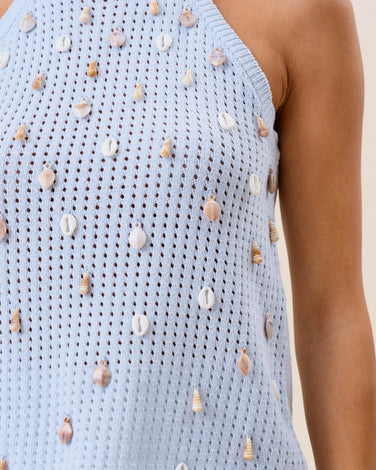 Shell embellished halter knit top