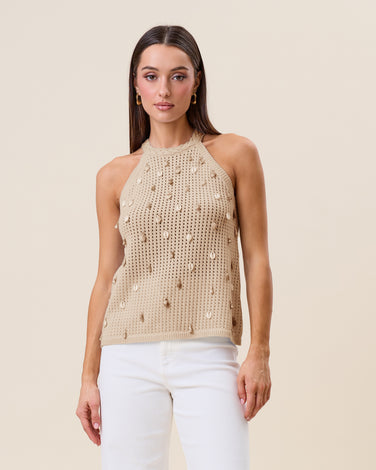 Shell embellished halter knit top