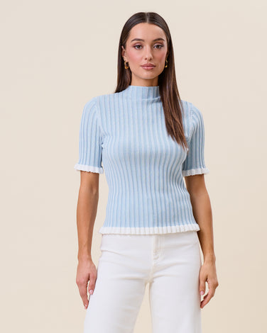 Two tone mockneck short sleeve rib-knit top