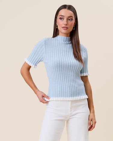 Two tone mockneck short sleeve rib-knit top