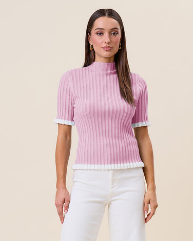 Two tone mockneck short sleeve rib-knit top