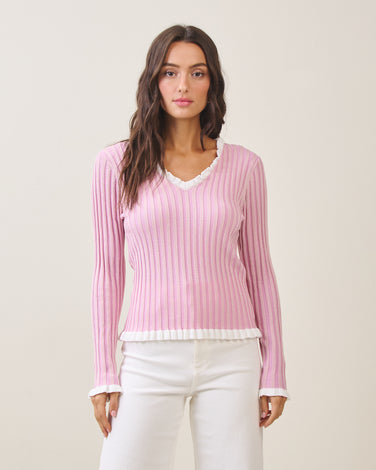 Two tone v-neck rib-knit top
