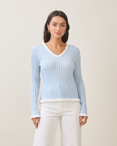 Two tone v-neck rib-knit top