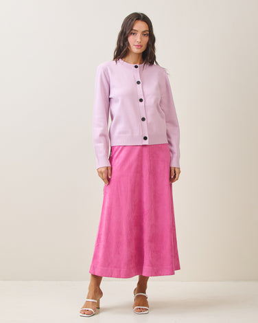 Belted A-line vegan suede skirt in Fuchsia