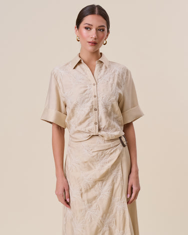 Embroidered button down top