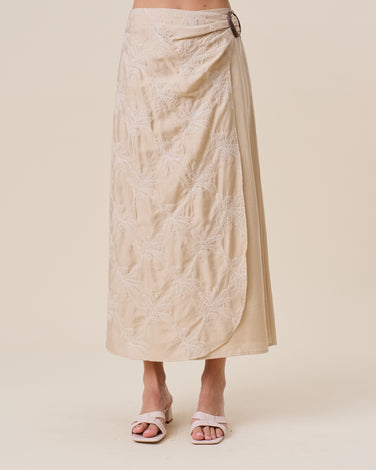 Embroidered buckle wrap maxi skirt