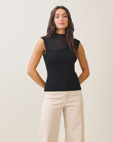 Semi-sheer sleeveless mockneck sweater