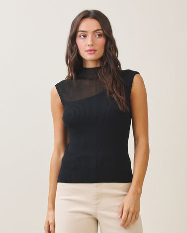 Semi-sheer sleeveless mockneck sweater