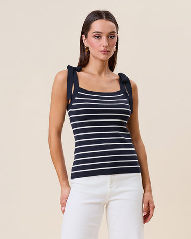 Striped tie shoulder knit cami top