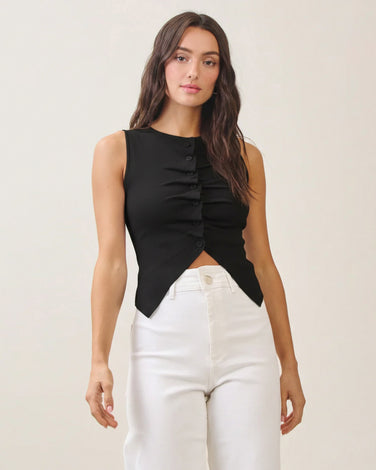 Button pleated split knit top