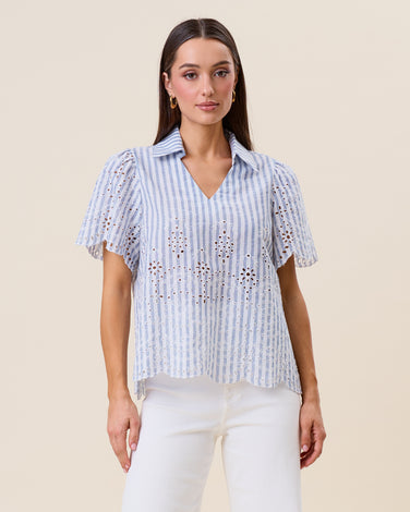 Eyelet striped short sleeve blouse