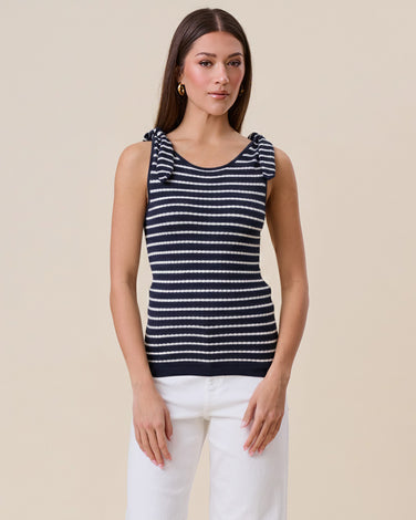 Tie shoulder striped knit top