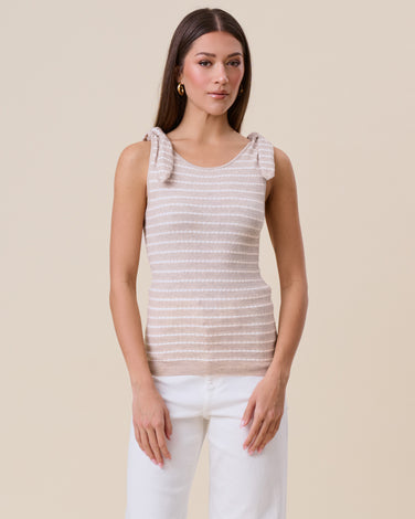 Tie shoulder striped knit top