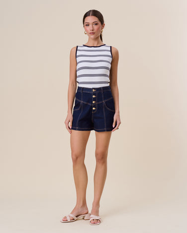 Button stretch denim shorts