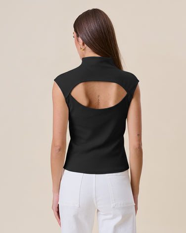 Open back mockneck ribbed top
