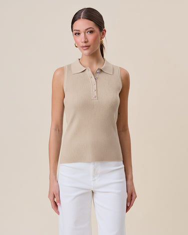 Rose button rib-knit sleeveless polo