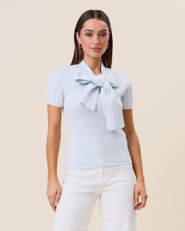 Tie neck short sleeve knit top