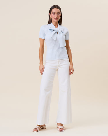 Tie neck short sleeve knit top