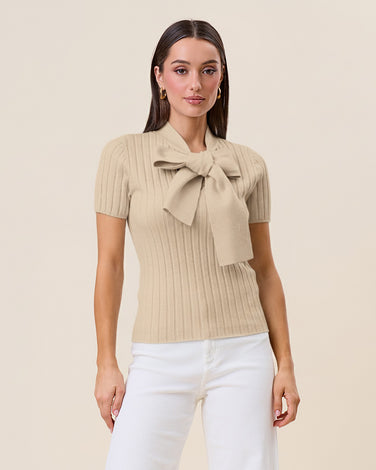 Tie neck short sleeve knit top