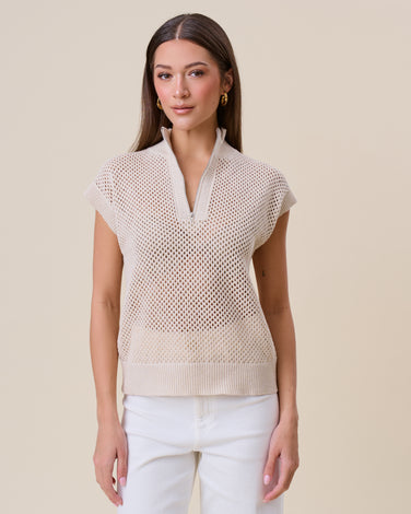 Quarter-zip open knit top