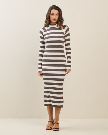 Stripe Sweater Midi Dress With Shoulder Button Details