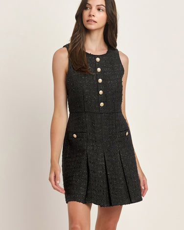 Sleeveless Tweed Pleated Mini Dress