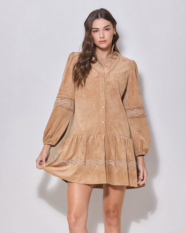 Wavy Detail Faux Suede Babydoll Dress