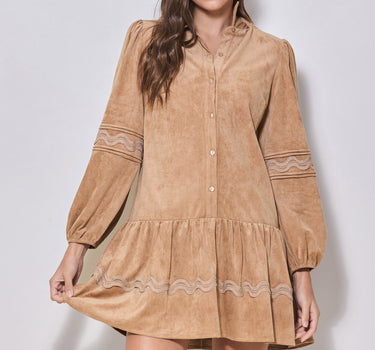 Wavy Detail Faux Suede Babydoll Dress