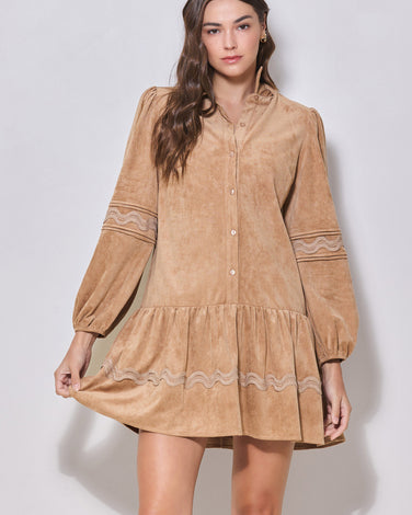 Wavy Detail Faux Suede Babydoll Dress