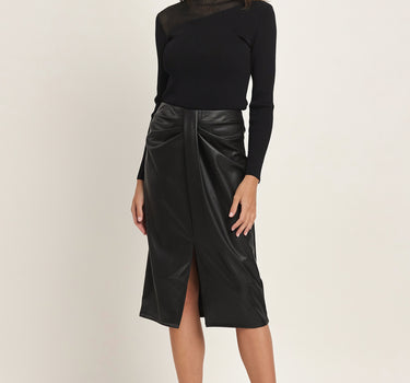 Faux Leather Front Ruched Midi Skirt