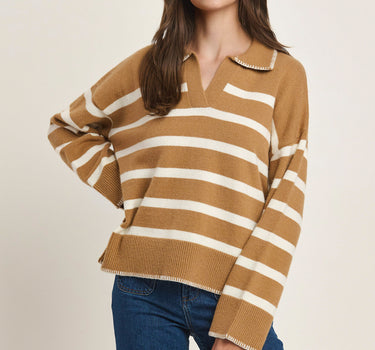 Contrast-stitched Stripe Collared Sweater