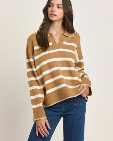 Contrast-stitched Stripe Collared Sweater