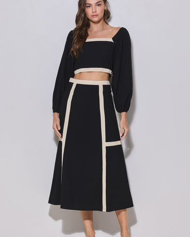 [1S-1M-1L] Contrast Trim Top & Skirt Set