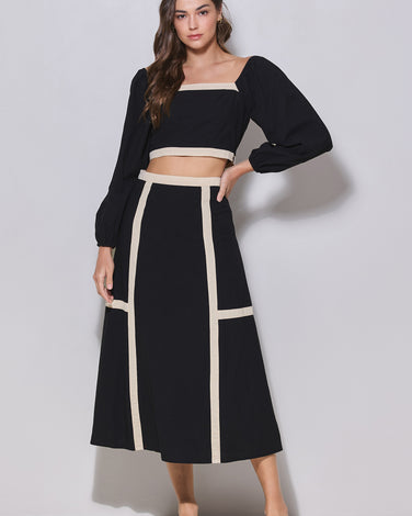 [1S-1M-1L] Contrast Trim Top & Skirt Set