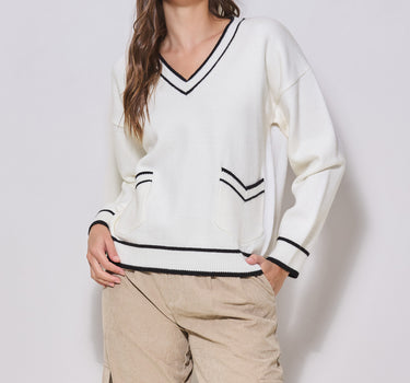 V-neck Contrast Trim Sweater