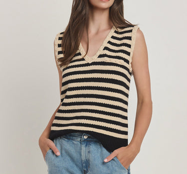 Striped Sweater Vest with Pompom Detail