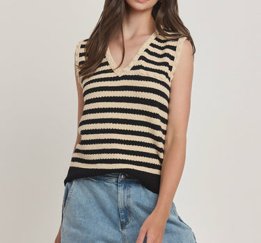 Striped Sweater Vest with Pompom Detail