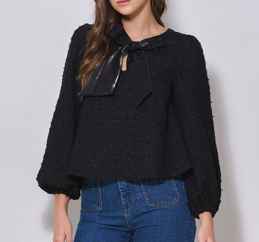 Bow-Tie Front Tweed Blouse