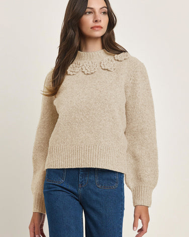 Wool Blend Sweater Top with 3D Flowers