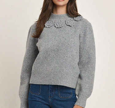 Wool Blend Sweater Top with 3D Flowers