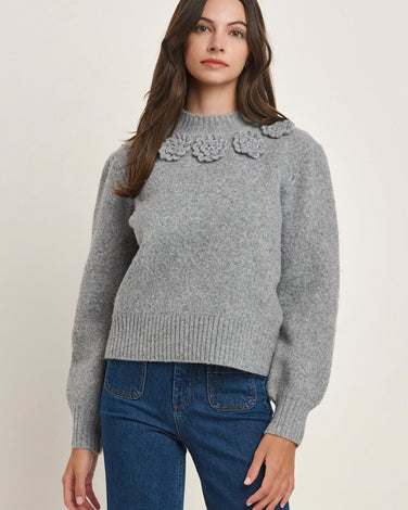 Wool Blend Sweater Top with 3D Flowers