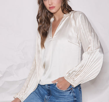 Dull Satin Pleated Sleeve Blouse