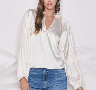 Dull Satin Pleated Sleeve Blouse