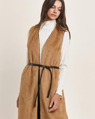Faux Fur Maxi Vest with Belt