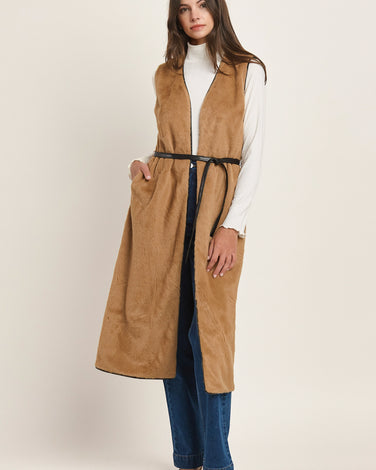 Faux Fur Maxi Vest with Belt